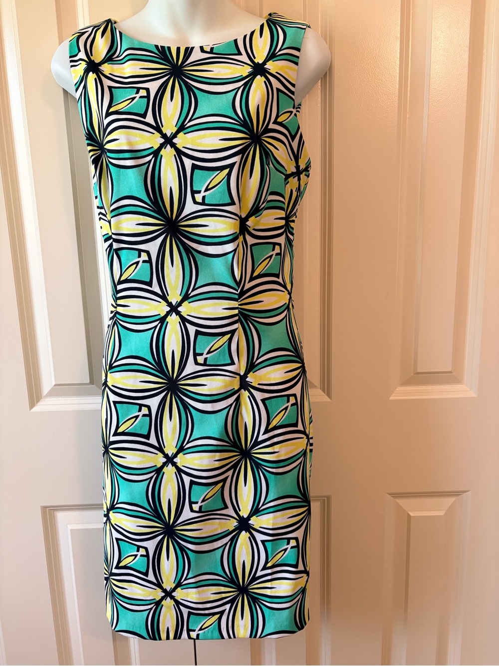 Sleeveless Aqua Geometric Shift Dress, size 12